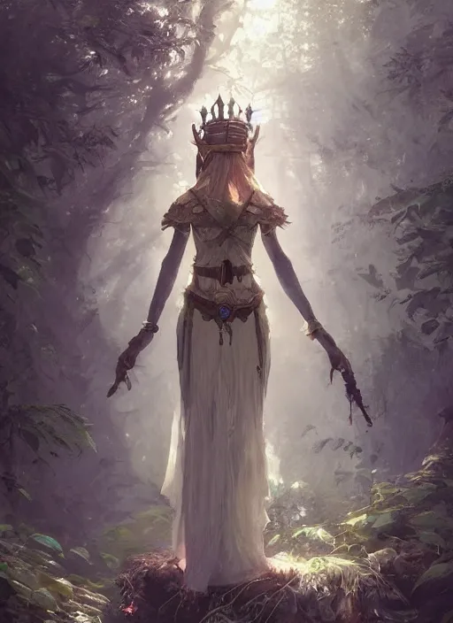 Prompt: female seductive forest legend of zelda queen of nature, beautiful face, rule of thirds, intricate outfit, backlit, by art germ, greg rutkowski, by jeremy mann, digital painting