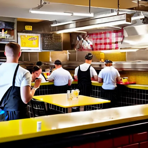 Image similar to busy wafflehouse interior with customers eating breakfast and wafflehouse employees serving food and cooking behind countertop