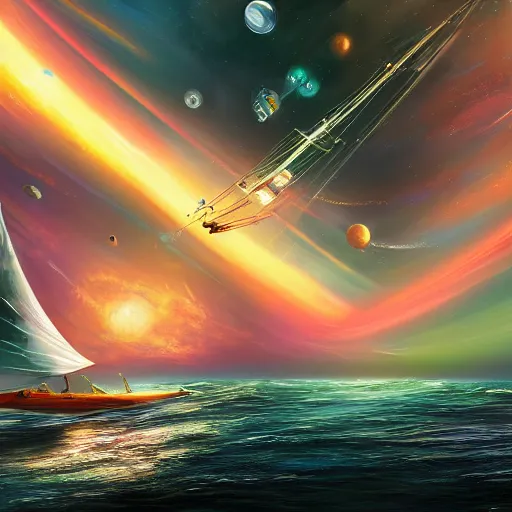 Prompt: beautiful digital painting of a yatch sailing through space, hyperdetailed, vivid colors, trending on Artstation