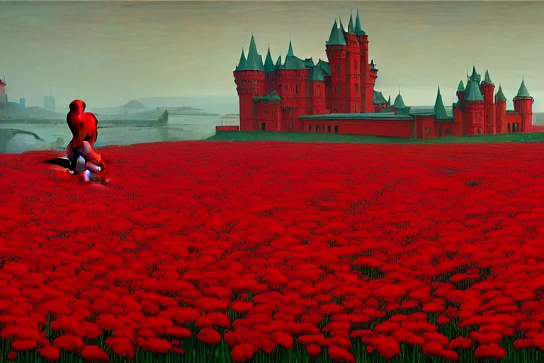 Image similar to only with red, red flowers of different types, red castle in background, red medieval big goblins, in the style of beksinski, parts by edward hopper, parts by rodcenko, parts by yue minjun, intricate and epic composition, red by caravaggio, insanely quality, highly detailed, masterpiece, red light, artstation, 4 k