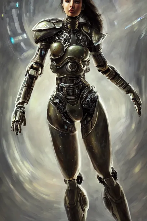 Image similar to a photorealistically painted portrait of an attractive young girl, partially clothed in cybernetic battle armor, with an abstractly painted background, flawless olive skin, fair complexion, long dark hair, beautiful bone structure, perfectly symmetric facial features, perfect photorealistic eyes, natural physique, intricate, elegant, digital painting, concept art, finely detailed, beautifully illustrated, sharp focus, minimal artifacts, volumetric lighting, from Metal Gear, by Ruan Jia and Mandy Jurgens and Artgerm and William-Adolphe Bouguerea, in the style of Greg Rutkowski, trending on Artstation, award winning art