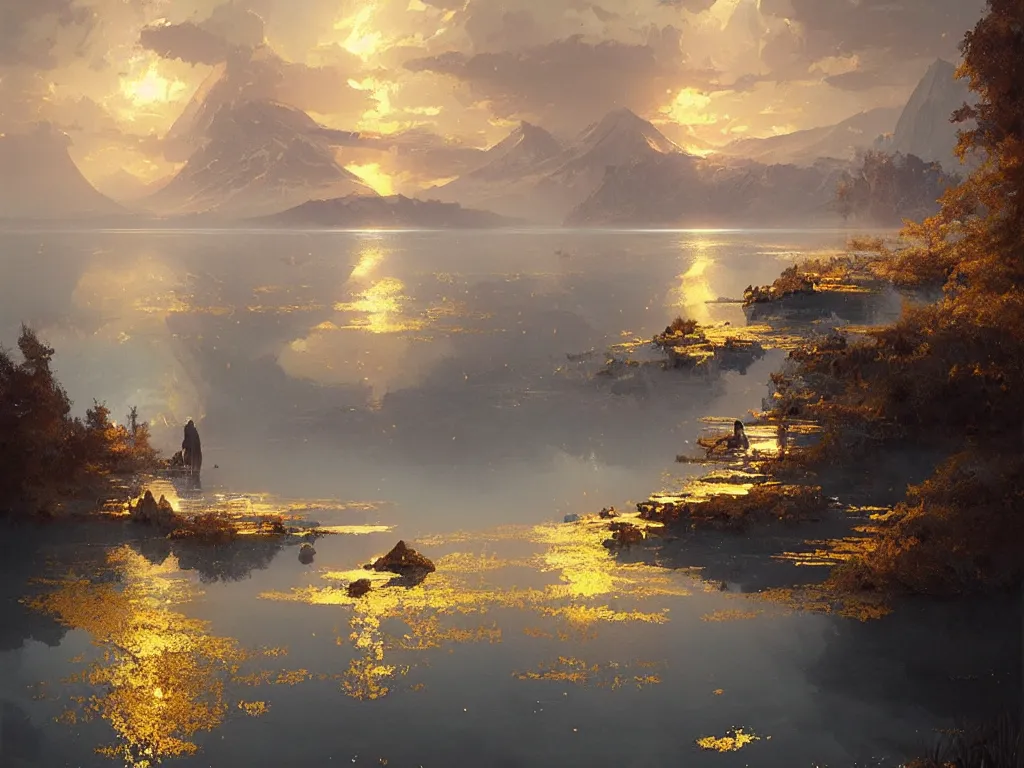 Image similar to A lake of pure gold, by Greg Rutkowski