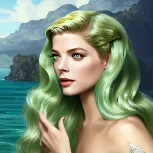 Image similar to A combination of Grace Kelly's and Katheryn Winnick's and Ashley Greene's faces with light green hair as a mermaid on the beach, western, fantasy, intricate, elegant, highly detailed, digital painting, artstation, concept art, matte, sharp focus, illustration, art by Artgerm and Greg Rutkowski and Alphonse Mucha