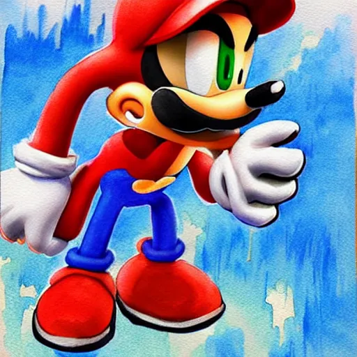 Image similar to Sonic in the style of Mario, with a mustache, beautiful watercolor art drawing, in the style of artist Simon Stalenhag s-90 - C 7