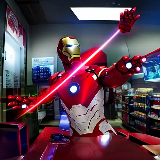 Image similar to Accidents, lasers, Iron Man working as a 7/11 cashier using a red laser scanner, cash register, red laser scanner, wide wide shot, very detailed, beautiful lighting, red laser, fire, smoke