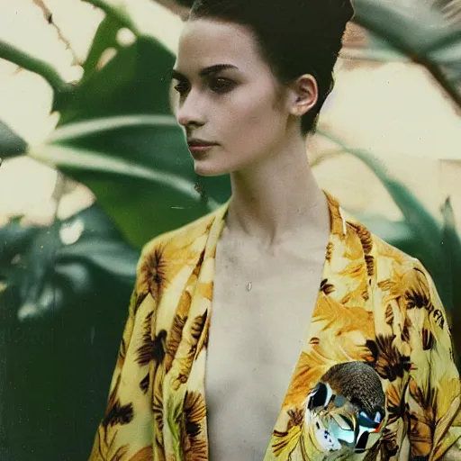 Prompt: head to shoulder portrait Polaroid film photograph of an elegant top model wearing a yellow kimono with a very detailed barn owl on her shoulder!!! in a tropical greenhouse. looking at the camera!!. super resolution. Polaroid 600 film. art by Alessio albi and john william waterhouse and Annie Leibovitz.