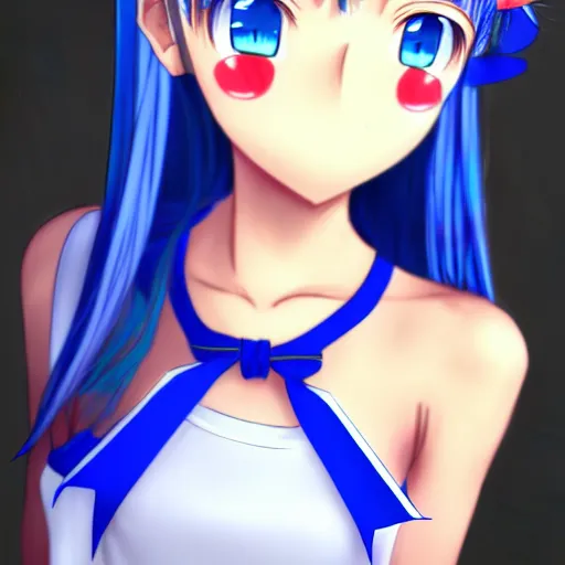 Image similar to 3d anime girl, wearing a tanktop, gorgeous face, blue eyes, ribbon in her hair, silver necklace, , high quality anime art, trending on artstation