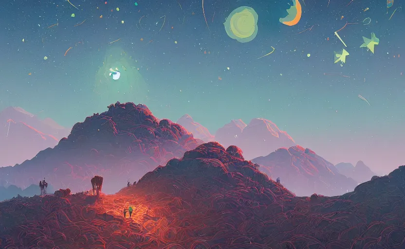 Prompt: mountains, stars and paisley filled sky, artstation, intricate, highly detailed, digital painting, concept art, sharp focus, illustration by Simon Stalenhag and James Gilleard