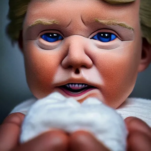 Image similar to photorealistic still portrait photograph of donald trump looking at the camera, diaper baby outfit, depth of field, soft focus, highly detailed, intricate, realistic, national geographic cover, textured detailed skeleton, time magazine cover, dark studio background