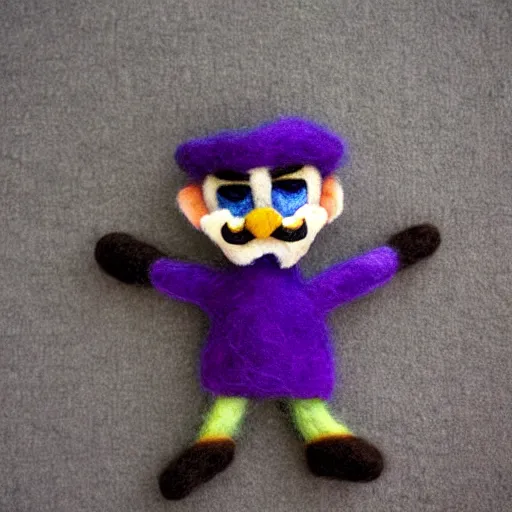 Image similar to a needle felted waluigi, needle felting art.