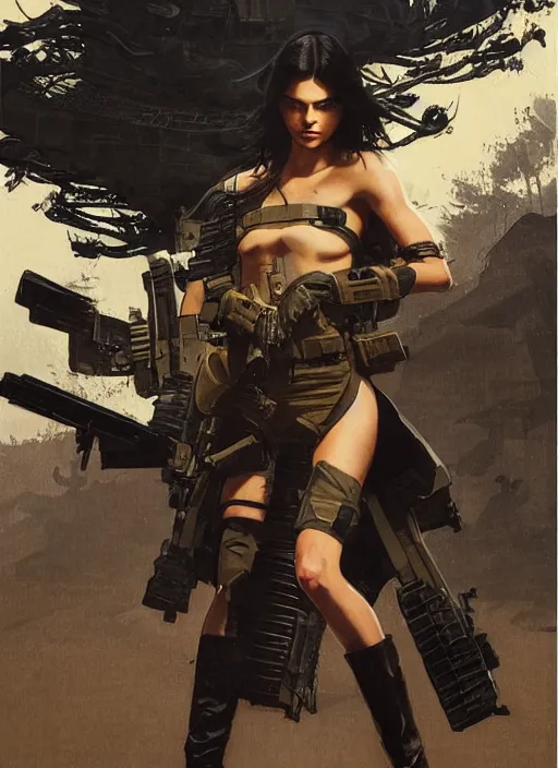 Image similar to kendall jenner wearing metal gear armor holding gun dramatic lighting art by Richard Schmid by Hokusai by greg rutkowski by trevor henderson by ross draws cinematic dramatic