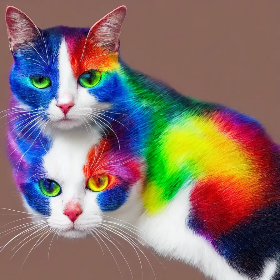 Prompt: Rainbow cat asking for food, ultra realistic, 8K