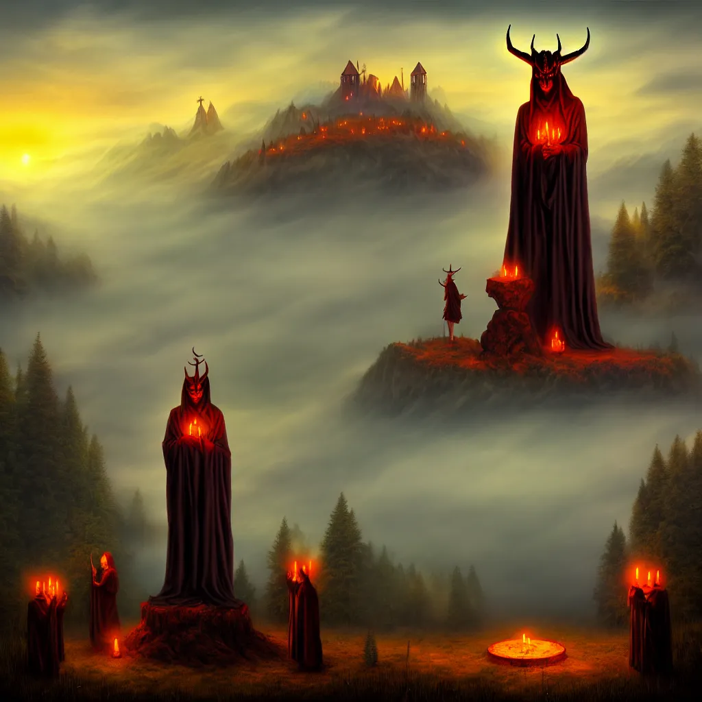 Image similar to satanic ritual, wooden statue, on a hill, a detailed matte painting, fantasy, foggy, grim, dark, oil on canvas