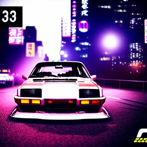 Image similar to a car s30 turbo drift at illegal car meet, Shibuya prefecture, city midnight mist lights, cinematic lighting, photorealistic, highly detailed wheels, high detail