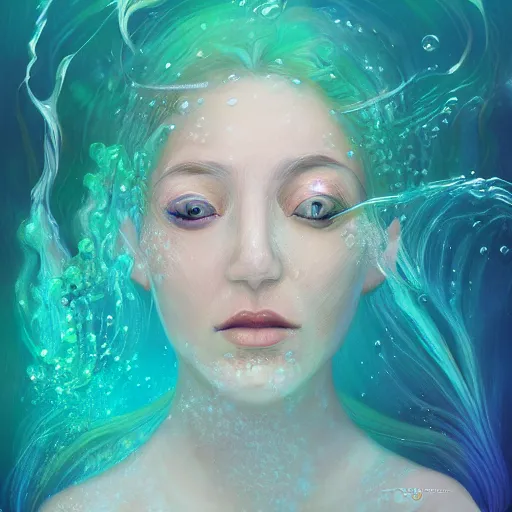 Image similar to face portrait of a woman underwater inspired by lois van baarle, iridescent, bubbles, seaweed
