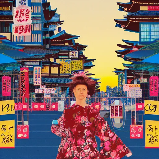 Image similar to maximalist paper collage art of a woman walking through a tokyo shopping district at sunset