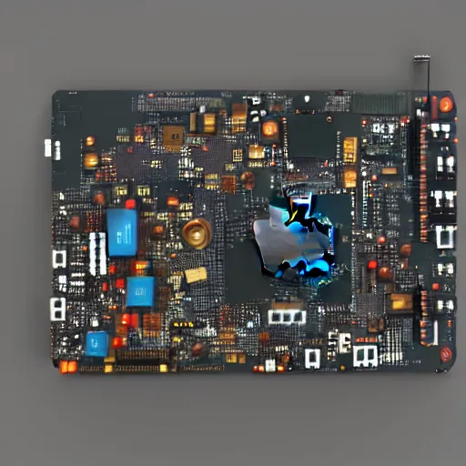 Prompt: Macbook pro motherboard, high tech render tron movie like feeling, trending on art station