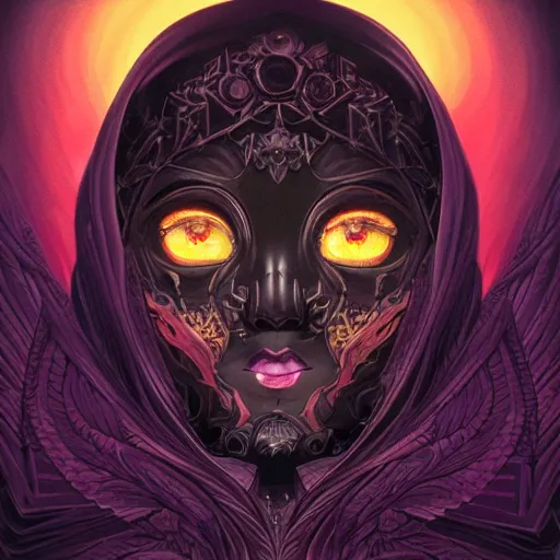 Prompt: vantablack occultist, pitchblack mask, beautiful, detailed symmetrical close - up portrait, intricate complexity, in the style of artgerm and peter mohrbacher, cel - shaded, purple tones