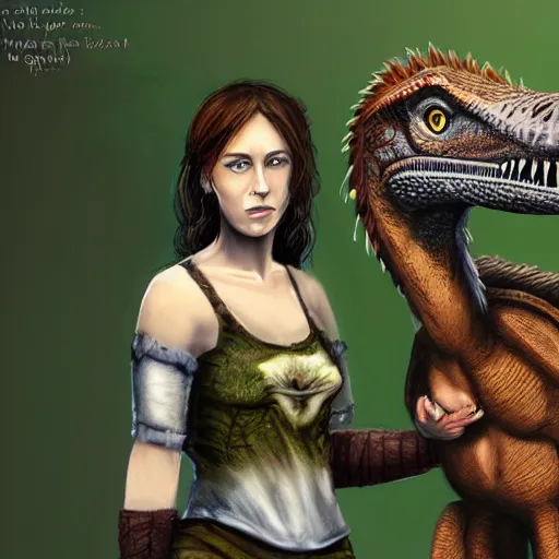 Image similar to female druid and a velociraptor, cinematic, trending in deviantart