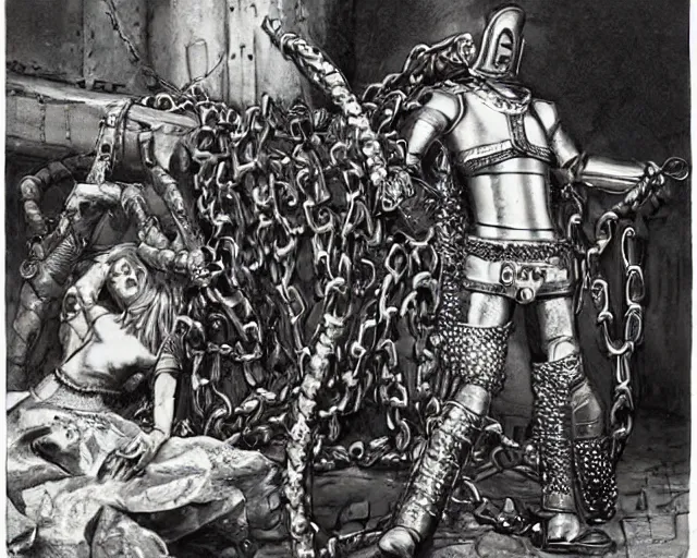 Image similar to [ 1 6 k realism ] a mettallic knight covered in chains in a dirty filthy basement, the knight is being tortured by a skinny princess made of teeth