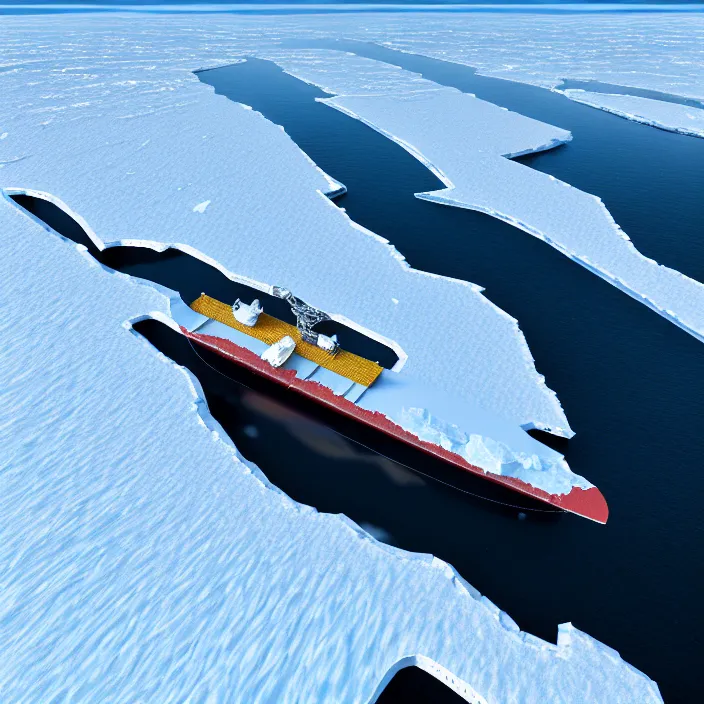 Image similar to A little bird's flight over an enormous gigantic icebreaker-sityfortress sailing across an icy cold ocean. Masterpiece, cinematic, hyperdetailed, photorealistic, hyperrealism, octane rendering, 8k, aerial view