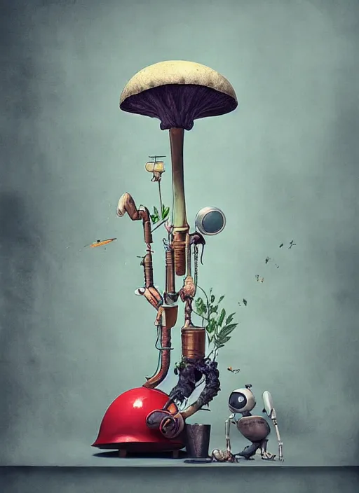 Image similar to a lively and whimsical apothecary where chrome robots shop grows from the stalk of a giant mushroom, cgsociety, siggraph, dystopian scifi, concept art, set design, oleg oprisco, conrad roset, anka zhuravleva, gediminas pranckevicius