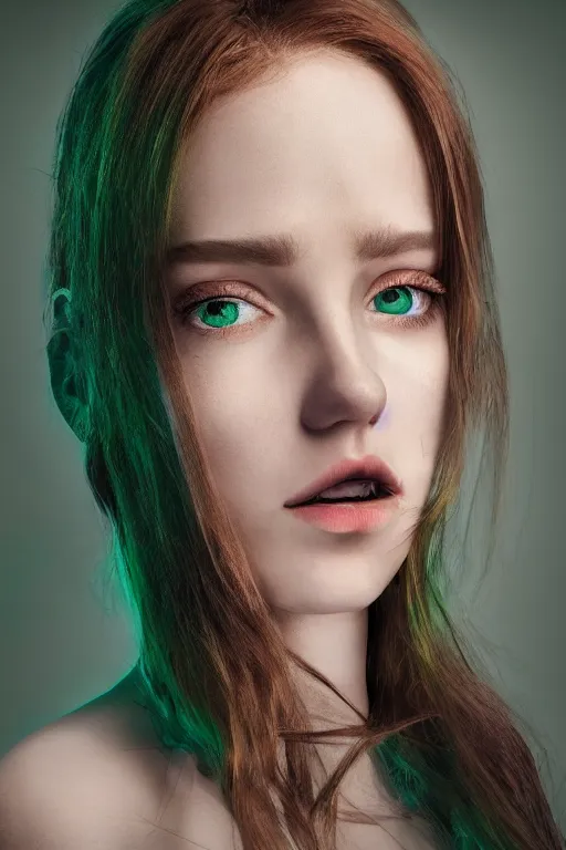 Prompt: pretty female wizard posing in front of plains + auburn hair + green eyes + elegant + warm hairlight + dramatic light + photorealistic + octane render + large well-defined eyelids + big astonished eyes + translucent skin + glossy lips + generous