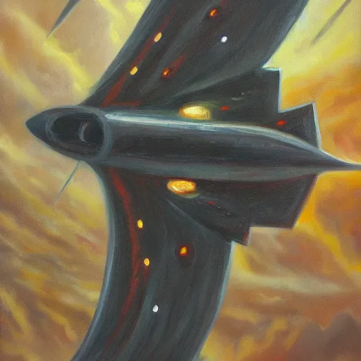 Prompt: A small spaceship fires its entire arsenal at an eldritch abomination with facial features. Oil painting.