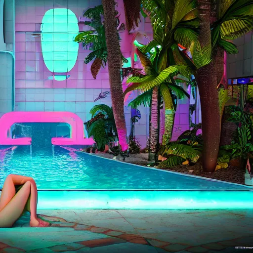 Image similar to a broken statue in a surreal underground white tiled swimming pool surrounded by neon lights and palm trees in vapor wave style, trending on artstation, 3D octane render, hyperrealistic, dramatic lighting, unreal engine, glowy, 8k, 4k, raytracing