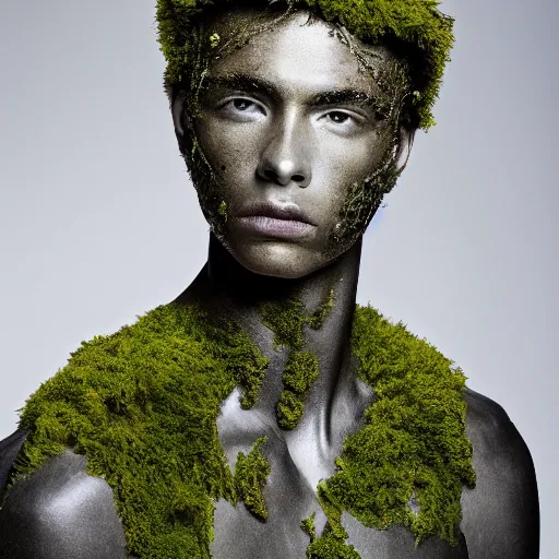 Image similar to a portrait of a beautiful young male wearing an alexander mcqueen armor made of moss , photographed by andrew thomas huang, artistic