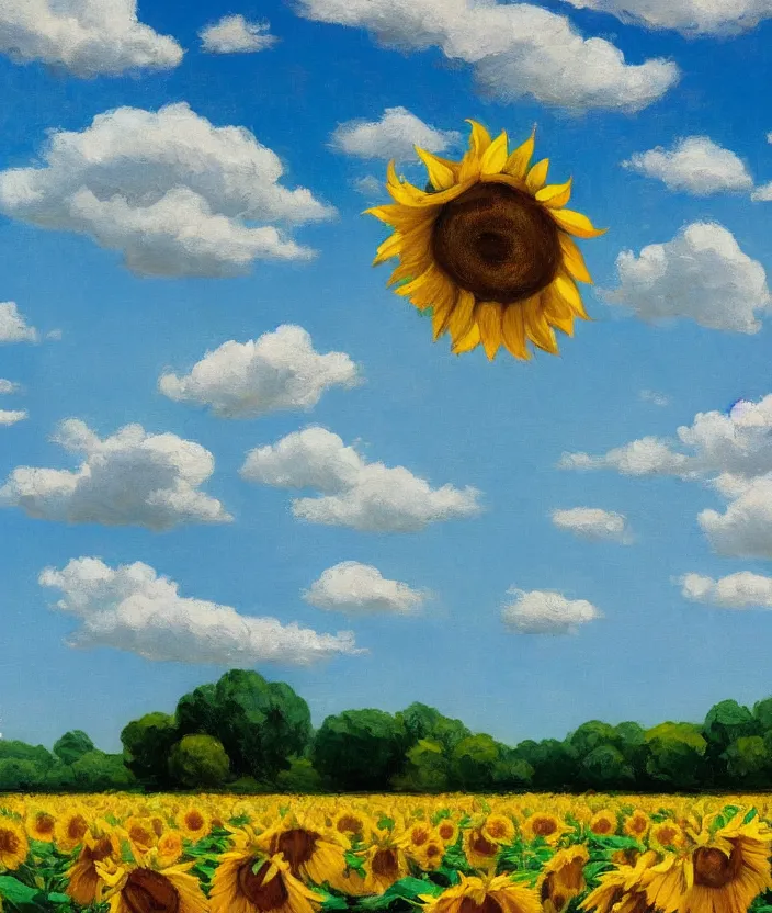 Image similar to a highly detailed sunflower field, baby blue sky with very aesthetic stylized clouds, in the style of edward hopper, very fine brushstrokes, 4 k,