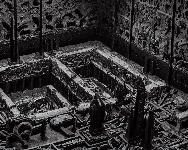 Prompt: Underground temple of death made of black marble and souls, analogue horror