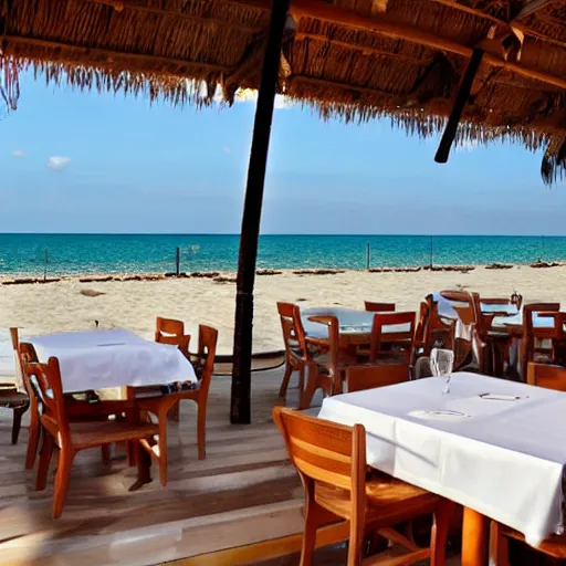 Prompt: an interior view of a complex outdoor restaurant leading to a view of the beach