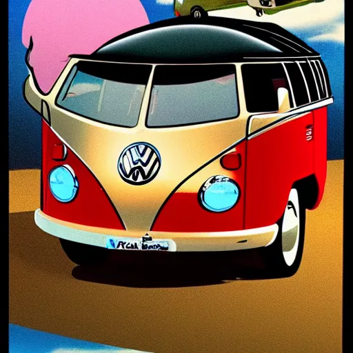 Image similar to a caricature drawing of a vw volkswagen bus, camper, bulli, type - 2, microbus, kombi, flying towards the camera, viewer, a vulcano is erupting in the background