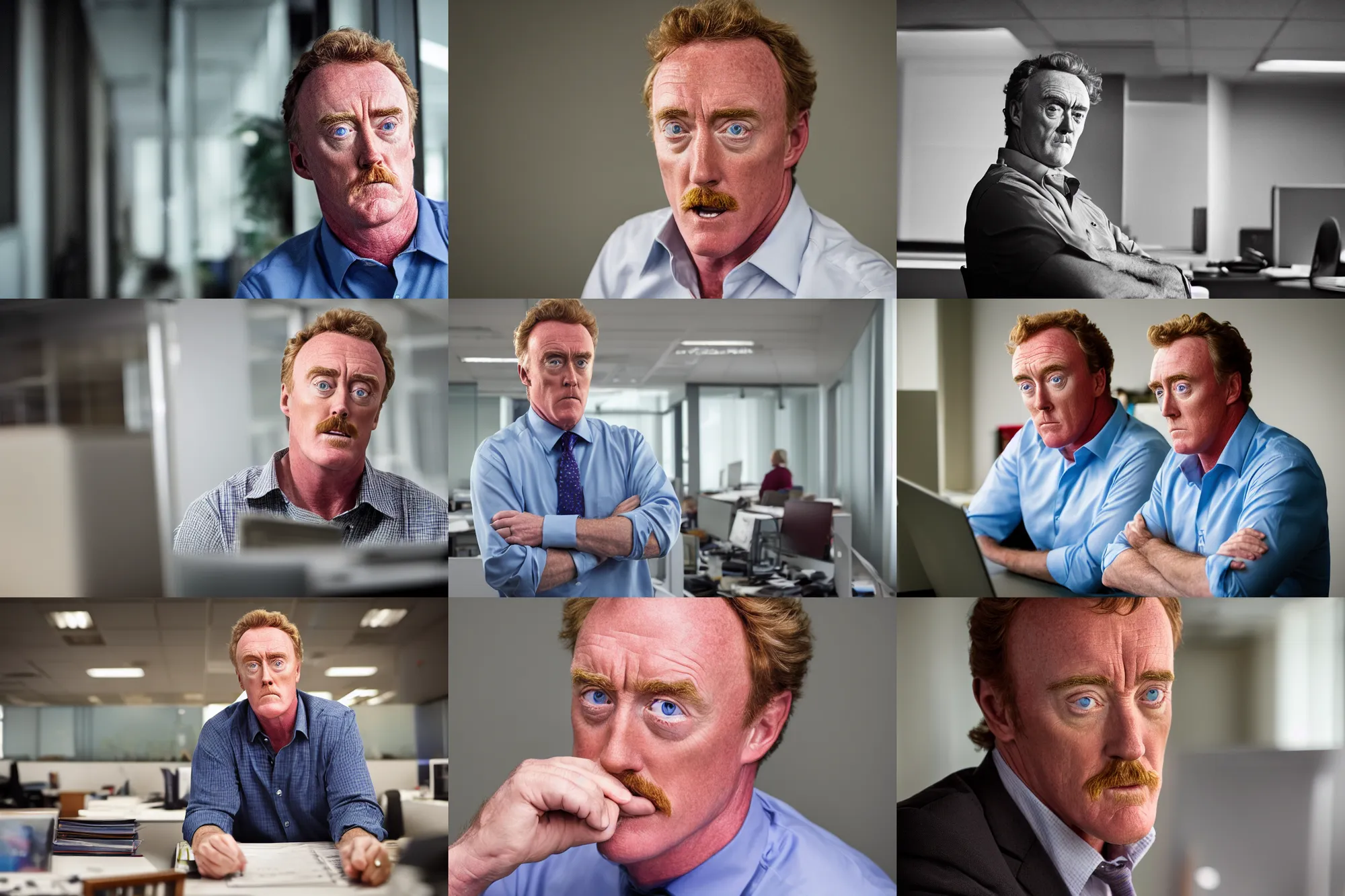 Prompt: John C McGinley looking angry and working in an office, portrait photography, depth of field, bokeh