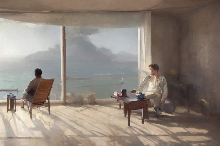 Prompt: painting of a man sitting down and having a cup of tea in his house by the beach, muted colors, cby greg rutkowski, muted colors