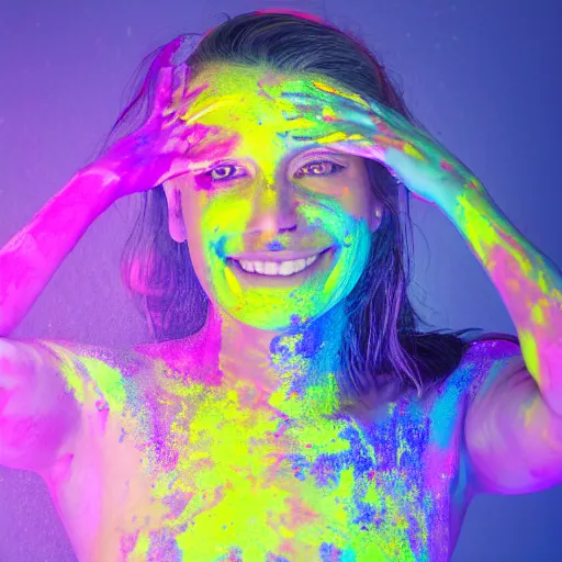 Prompt: a fullbody potrait photo of a female smiling, painted her body with ultraviolet paint, 5 0 mm lens, f 1. 4, sharp focus, ethereal, emotionally evoking, head in focus, volumetric lighting, 8 k