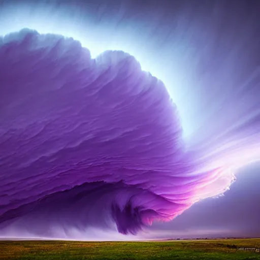 Image similar to amazing photo of purple clouds in the shape of a tornado by marc adamus, digital art, beautiful dramatic lighting