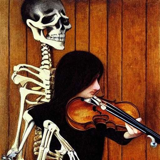 Image similar to portrait painting of a skeleton seated while playing violin, chiaroscuro, wooden interior walls, gothic and moody, Carlos Schwabe, Arnold Bocklin