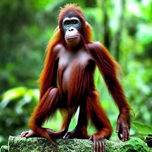 Prompt: “tall Goblin orangutan hybrid with mange holding a spear, jungle background”