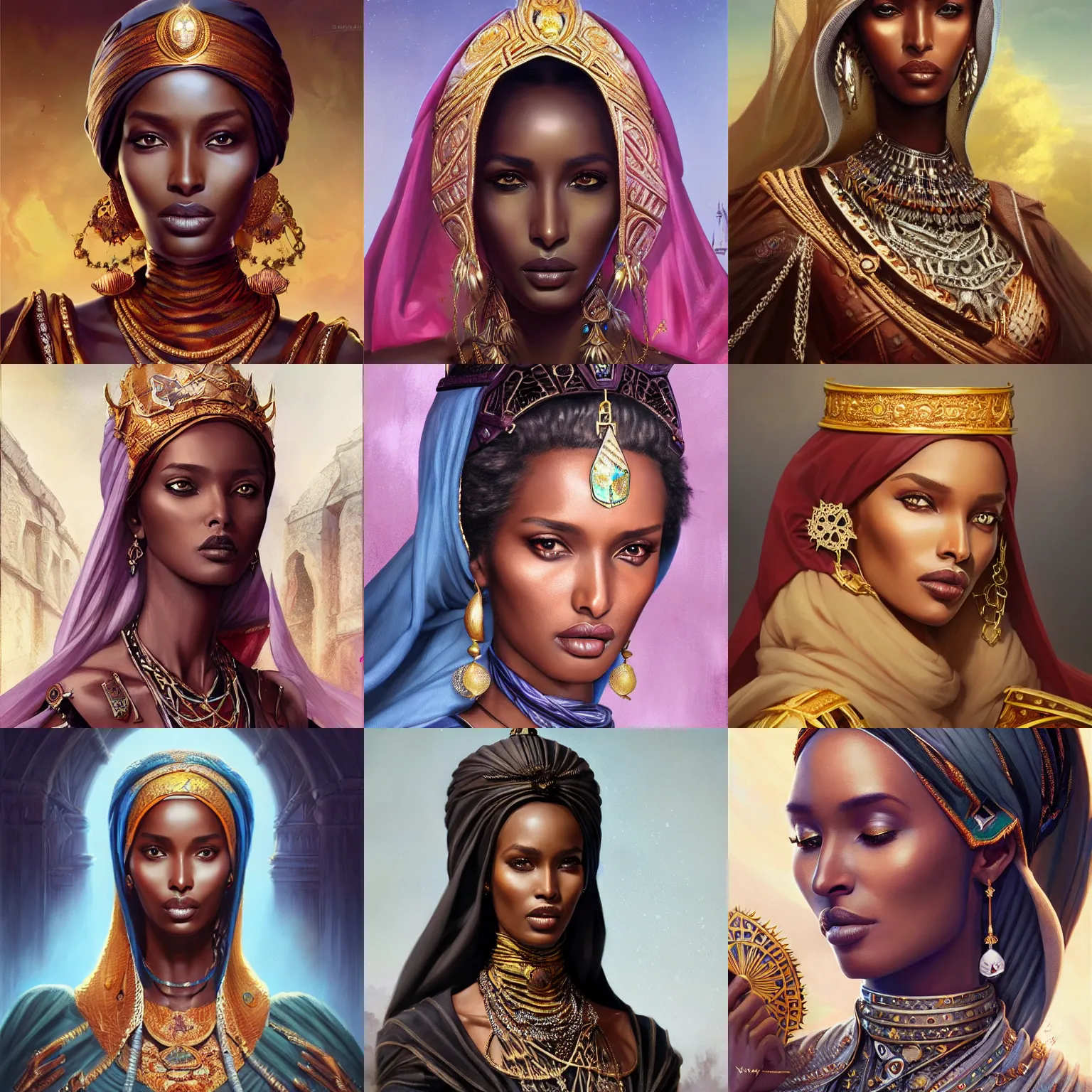 Prompt: somali empress, fatima siad, D&D, fantasy, portrait, highly detailed, digital painting, trending on artstation, concept art, sharp focus, illustration, art by artgerm and greg rutkowski and magali villeneuve