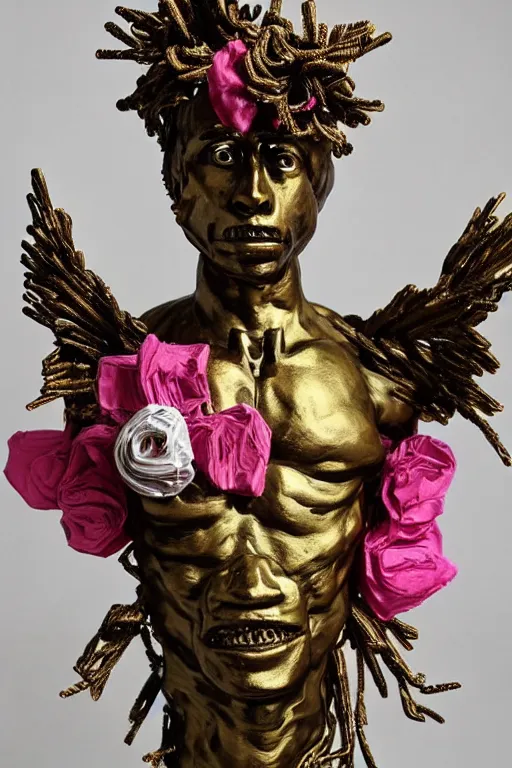 Image similar to papercraft scene made entirely of pipecleaners and crumpled foil of Jean-Michel Basquiat as a full-body bronze baroque statue of Icarus in the posing like a bird for flight, crown of peach roses, flowing pink-colored silk, fabric, flowers. baroque elements, human skull. full-length view. baroque element. intricate artwork by caravaggio. many many birds birds on background. Trending on artstation, octane render, cinematic lighting from the right, hyper realism, octane render, 8k, depth of field, 3D