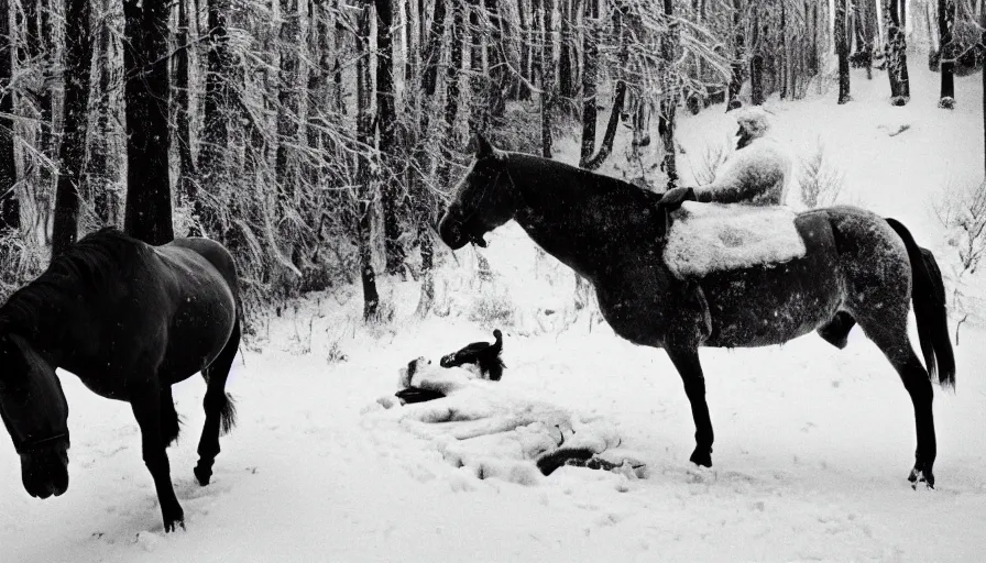 Image similar to 1 9 6 0 s movie still close up of marcus aurelius frozen to death with his horse under the snow by the side of a river with gravel, pine forests, cinestill 8 0 0 t 3 5 mm b & w, high quality, heavy grain, high detail, texture, dramatic light, anamorphic, hyperrealistic, detailed hair, foggy