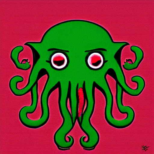 Image similar to a cute cthulhu icon drawn in the style of rockwell kent