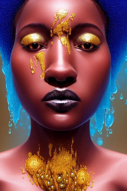 Prompt: hyperrealistic precisionist cinematic profile very expressive! black oshun goddess, in water! up to shoulders, mirror dripping droplet!, gold flowers, highly detailed face, digital art masterpiece, smooth eric zener cam de leon, dramatic pearlescent turquoise light on one side, long shot low angle uhd 8 k, tilt shift