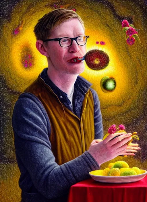 Prompt: hyper detailed 3d render like a Oil painting - friendly portrait of author Hank Green in Aurora (Singer) seen Eating of the Strangling network of yellowcake aerochrome and milky Fruit and Her delicate Hands hold of gossamer polyp blossoms bring iridescent fungal flowers whose spores black the foolish stars by Jacek Yerka, Mariusz Lewandowski, Houdini algorithmic generative render, Abstract brush strokes, Masterpiece, Edward Hopper and James Gilleard, Zdzislaw Beksinski, Wolfgang Lettl, hints of Yayoi Kasuma, octane render, 8k