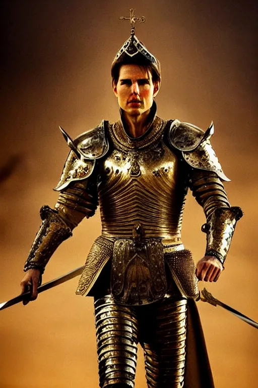 Prompt: Tom Cruise at the king in the desert, beautiful face, gold crown, sword, medieval warrior fighting in a dark scene, eyes, detailed scene, standing in a heroic figure, Armour and Crown, highly detailed, blood and dust in the air, action scene, cinematic lighting, dramatic lighting, trending on artstation, elegant, intricate, character design, motion and action and tragedy, fantasy, D&D, highly detailed, digital painting, concept art