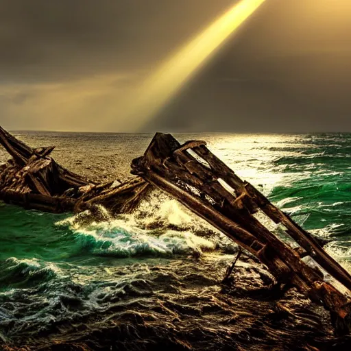Prompt: wooden shipwreck of old pirate ship on rocks at sea, dramatic lighting, sun beams, god rays illuminating wreck, dark background, gloomy green sea, fantasy art