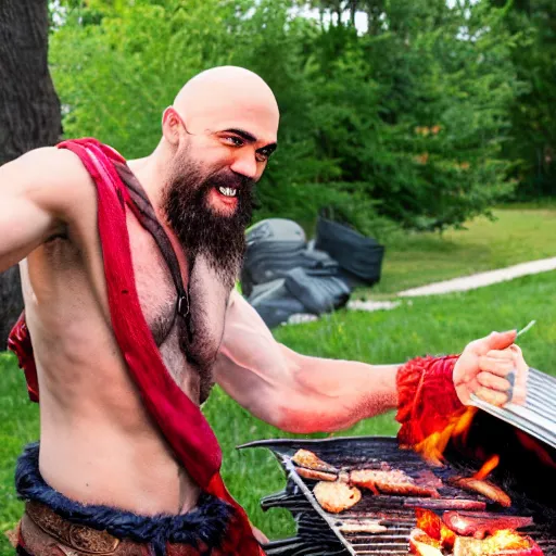 Image similar to kratos at a backyard barbecue