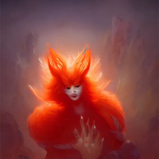 Image similar to prompt A beautiful red orange fluffy kumiho, concept art, matte painting, 8k, by Peter Mohrbacher